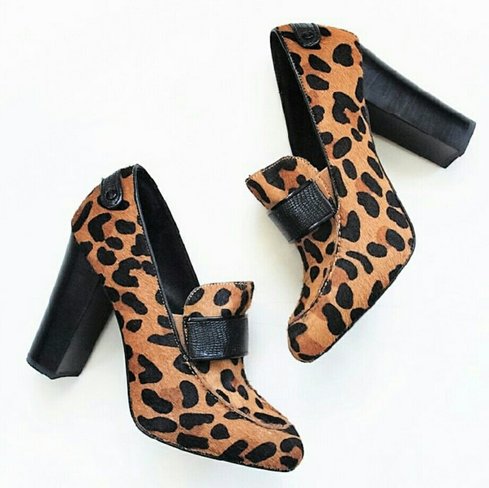 REBECCA MINKOFF shoes leopard pony calf loafers